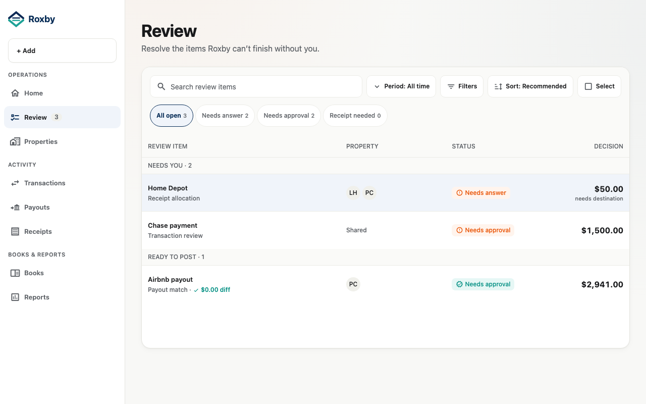 Roxby review queue displaying categorized transactions and resolution status